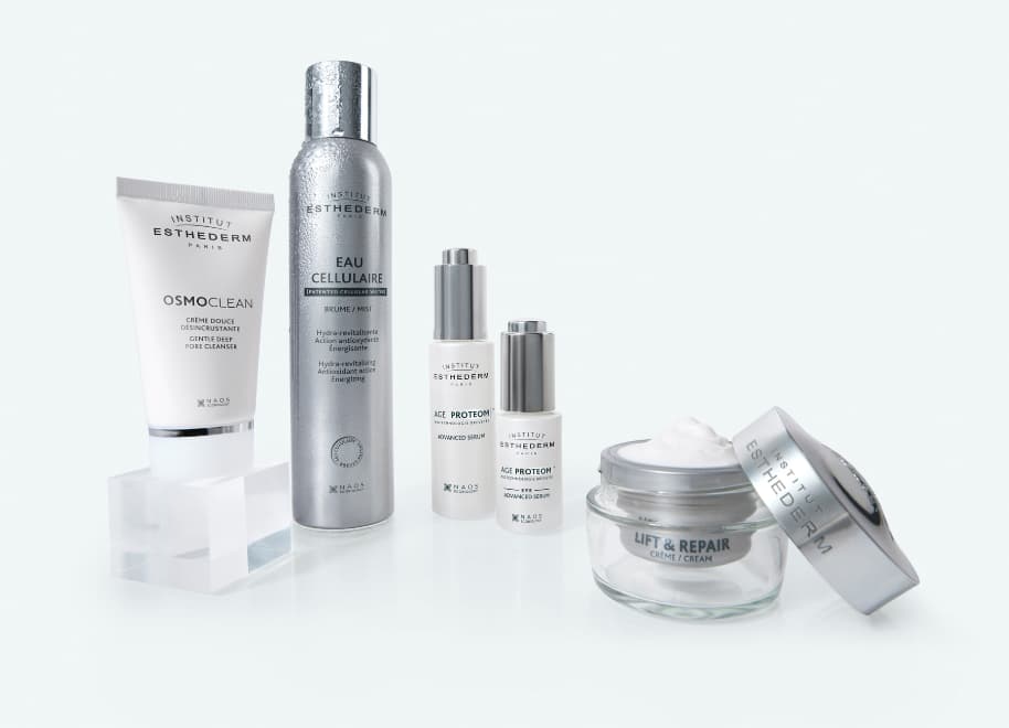 Institut Esthederm best sellers, Eau Cellulaire mist, Age Proteom Advanced Serum, Gentle Deep Pore Cleanser, and Absolute Smoothing Cream, showcasing ecobiology to maintain beauty over time.