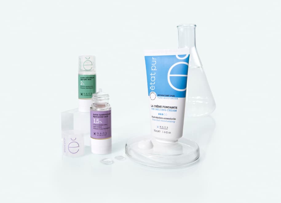 Etat Pur best sellers Hyaluronic Acid 1.5%, Salicylic Acid 2%, and Melting Cream showcasing ecobiology for personalised skin care.