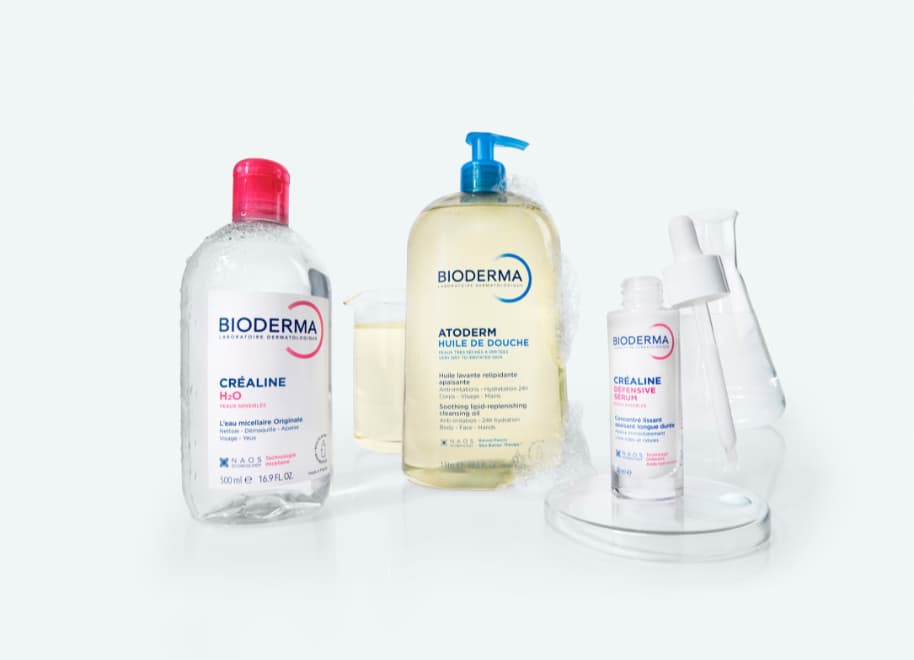 Bioderma skincare best sellers, Atoderm shower oil, Sensibio H2O micellar water, and Créaline Défensive serum highlighting ecobiology to preserve skin health long-term.