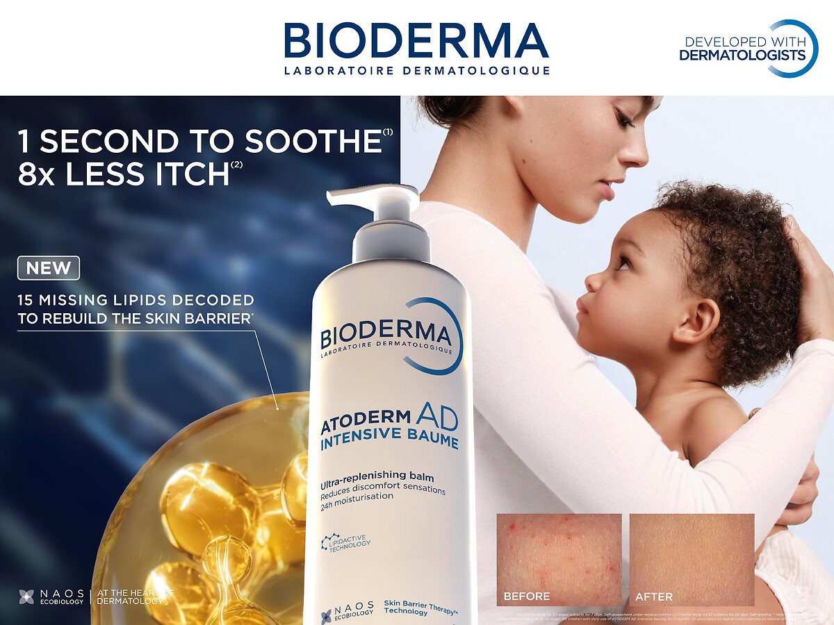 BIODERMA'S NEW ATODERM AD INTENSIVE BAUME, 1 second to soothe, 8x less itch; 15 missing lipids decoded to rebuild the skin barrier. A mother holding her son in her arms. Before/after images showing improvement after application of the emollient ATODERM AD INTENSIVE BAUME on atopic skin 